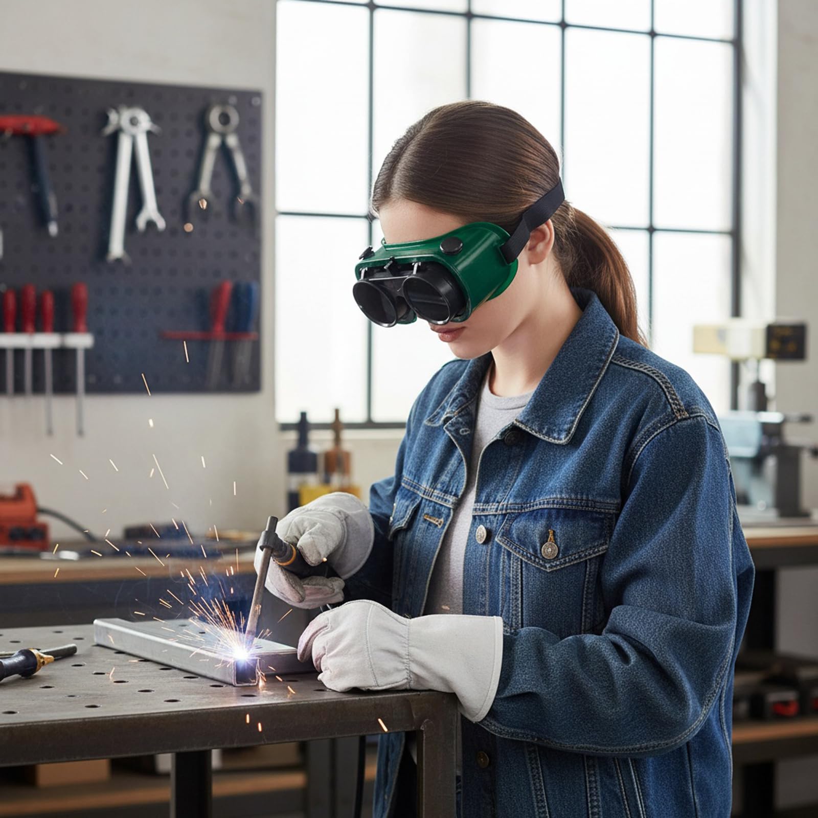 2 gafas de soldadura abatibles, marco de plástico verde de ajuste ajustable para soldadura y antorcha de corte