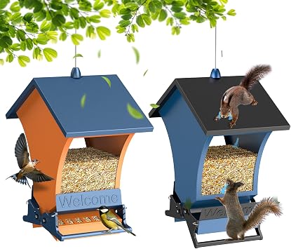 Blue+Orange 2 Pack Squirrel Proof Bird feeders for Outdoor, Featuring a Durable Metal Hanging Design. 5LB Large Bird Feeder is Designed to Attract a Variety of Wild Birds, Including Cardinals