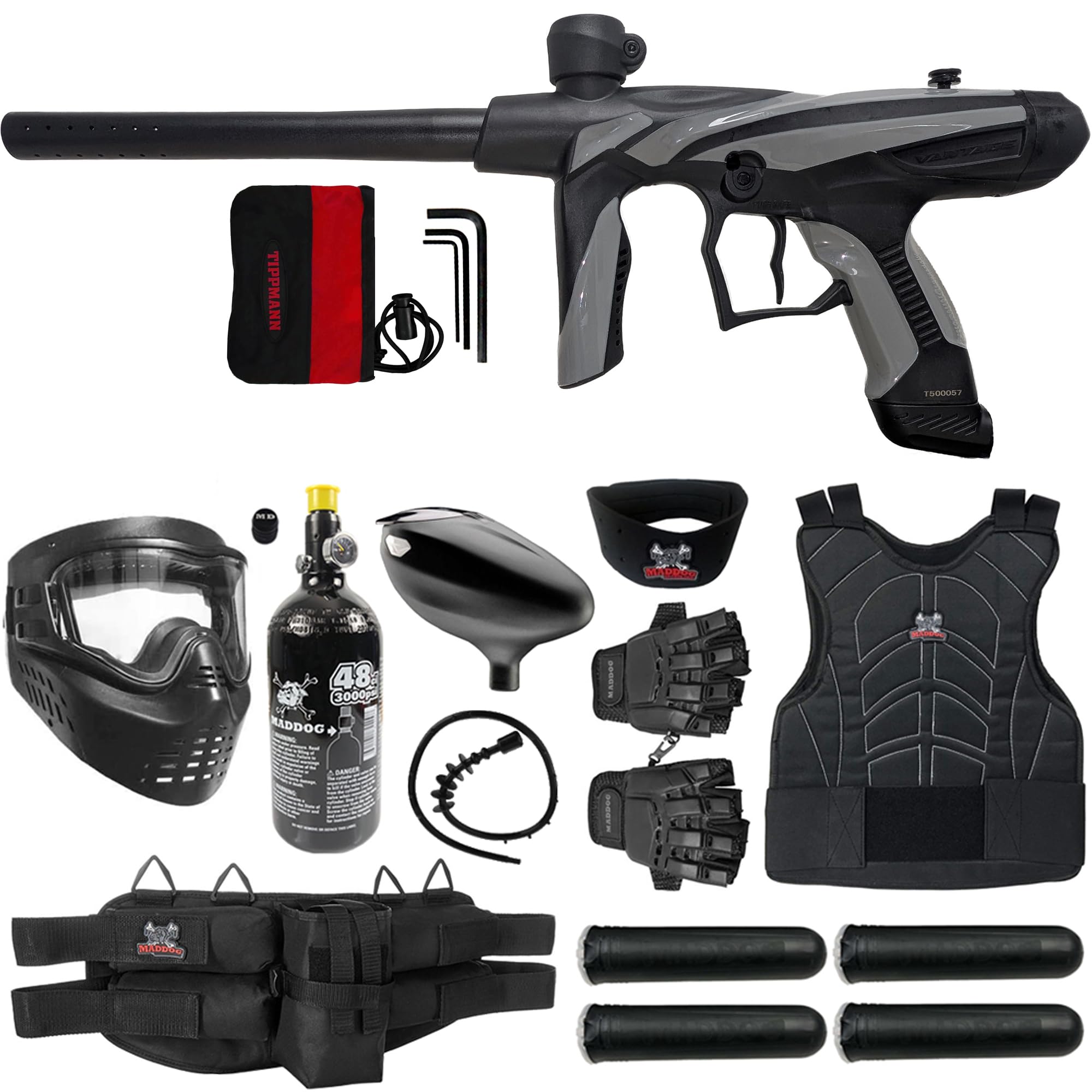 Maddog Tippmann Vantage Paintball Gun Marker and Accessory Starter Packages [HPA] | Marker, 48ci/3000psi Compressed Air Tank, Mask, Hopper, Pods, Harness & Protective Gear Options