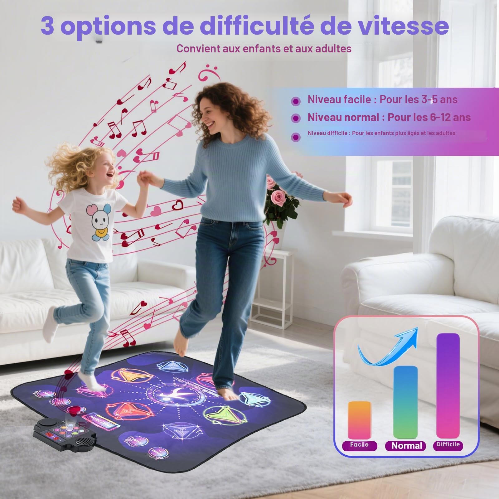 Tapis de Danse pour Enfants pour Filles de 3 à 12 Ans, 9 Modes de Jeu avec Difficulté & Volume Réglables, Tapis de Danse Musical Portable et Sécurisé avec 9 Boutons pour Intérieur & Extérieur