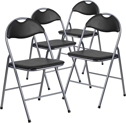 Miniatura 1 de Paquete de 4 sillas plegables de metal de vinilo negro con asa de transporte