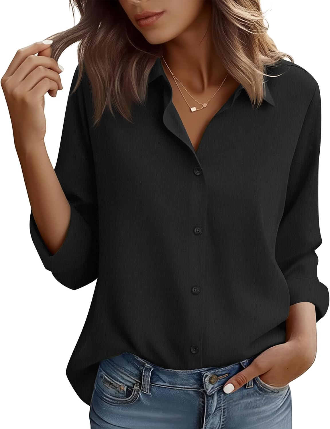 Wrinkle Free Button Down Shirts for Women Charm Slim-Fit Long Sleeve Formal Solid Dress Shirt Blouses Tops