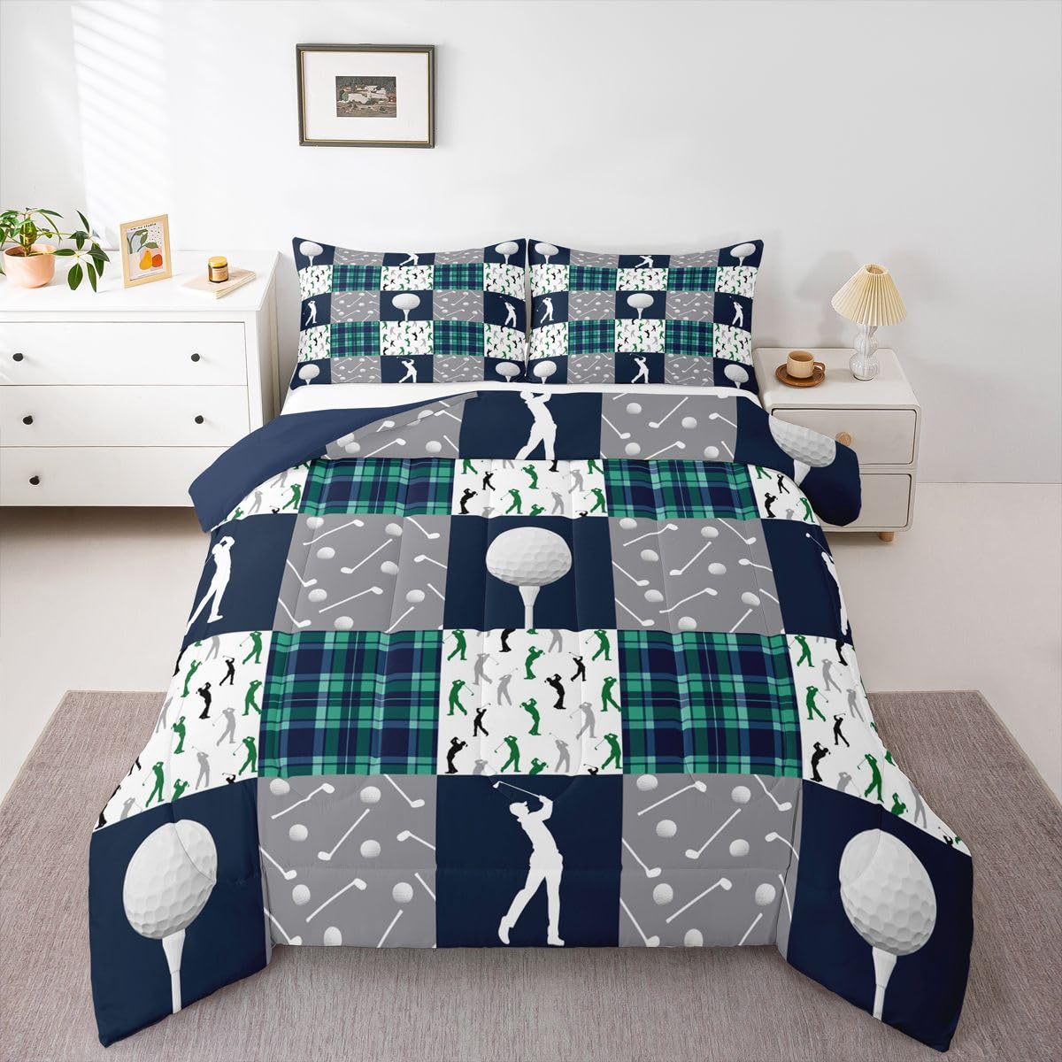 Feelyou Golf Comforter Set Queen Size Blue Green Plaid Buffalo Check Geometric Bedding Set for Kids Boys Girls Sports Theme Duvet Quilt Bedroom Decor Microfiber 3 Pcs with 2 Pillow Cases