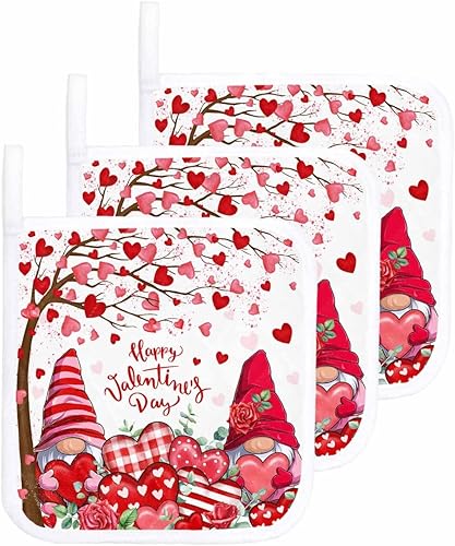 3 Packs Valentine's Gnomes Rose Pot Holders Sets for Kitchen,Oven Pan Plate Bowl Pads Heat Proof Mat with Hanging Loop,Terry Cloth Potholders Soft