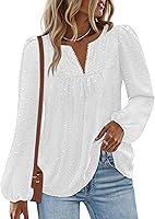 MEROKEETY Women's 2025 Fall Long Sleeve V-Neck Crochet Lace Swiss Dot Blouse - Dressy Casual Boho Tops