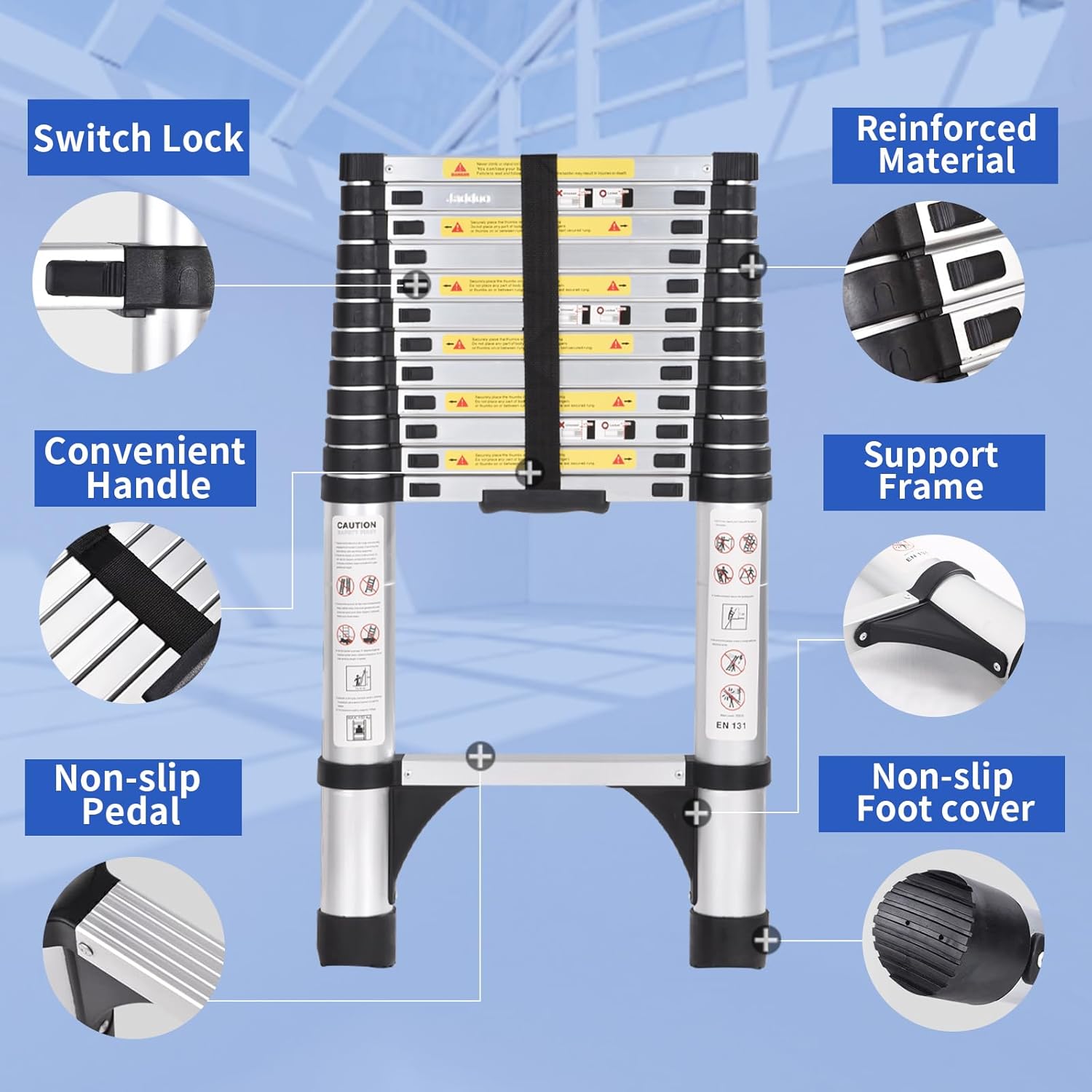 JADDUO Telescoping Ladder 12.5 FT Extension Ladder Aluminum Lightweight Telescopic Ladders with 2 Triangle Stabilizers Ladders for Travel & Home & RV
