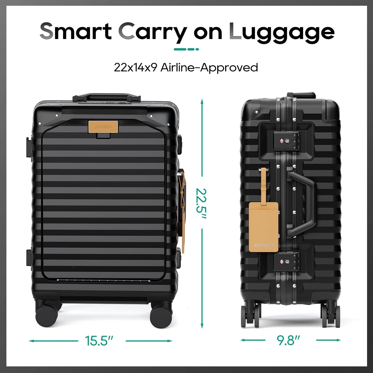 Joyway 20 Inch Carry on Luggage with Aluminium Frame and Front Pocket, PC Hardshell Suitcase with USB Port and Cup Holder, 21.5x14.2x9 Airline Approved, Luggage with Spinner Wheels and TSA Lock(Black) - Image 6