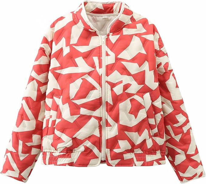 Wyeysyt Dames bijgesneden puffer jas gewatteerde bloemenprint cardigan button up lange mouw lichtgewicht open voorkant gewatteerde jas, 02Roze, M