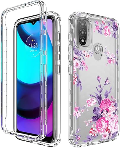 Vista 6 de sidande Funda para Moto E20Moto E30Moto E40, XT2155 con protector de pantalla de vidrio templado, cuerpo completo, transparente, floral, funda