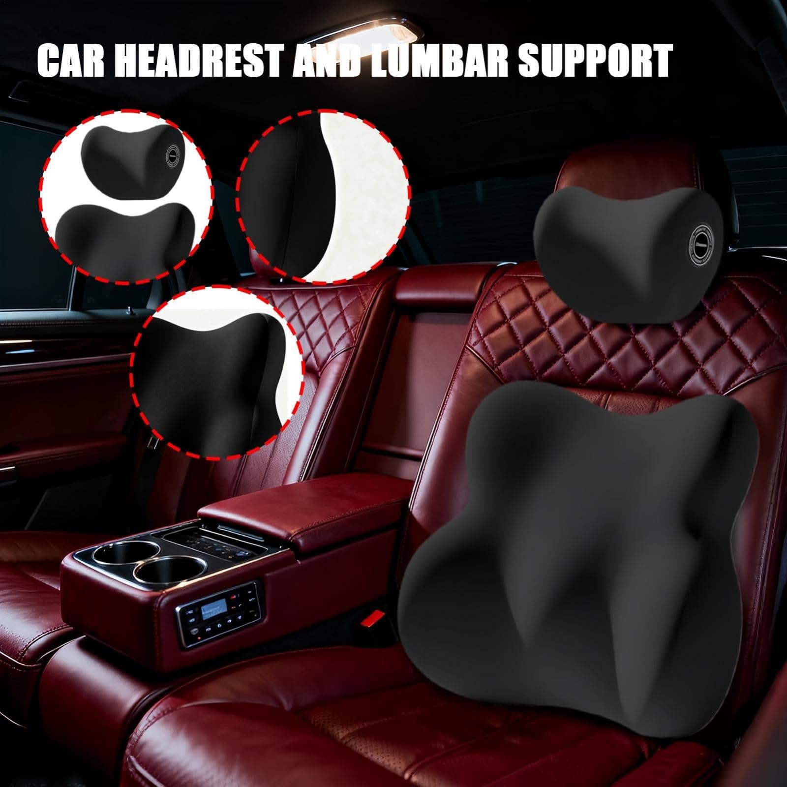 Juego De Cojines para Reposacabezas Y Soporte Lumbar para Coche,Cojín De Cuello Y Respaldo De Espuma Viscoelástica,Cojín Ergonómico para Asiento De Coche para Una Conducción Relajada,Negro