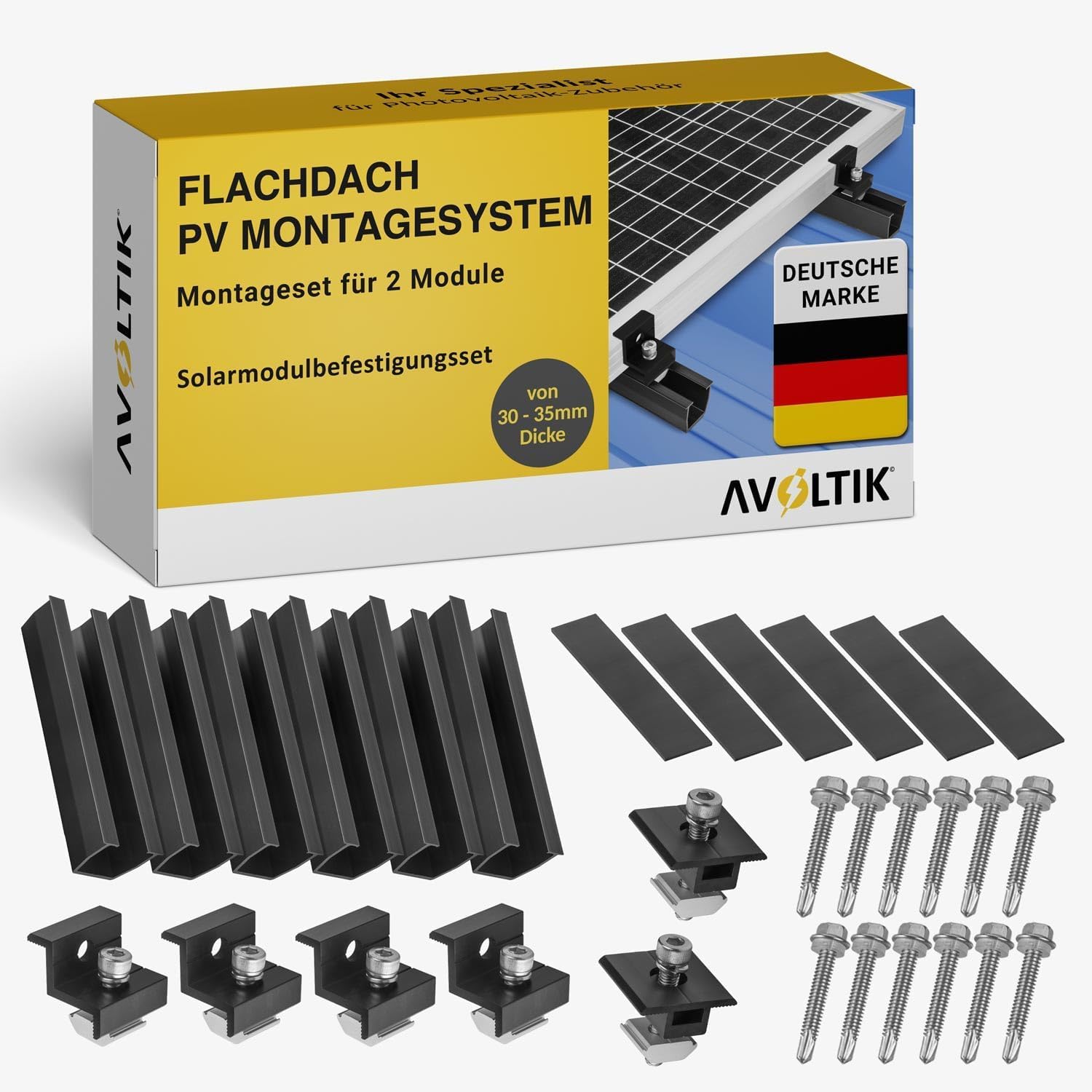 Avoltik Solarpanel Halterung Flachdach I Set für 2 Panele I Solarmodul Halterung Balkonkraftwerk I Flachdach Halterung für PV Module I Solarmodulbefestigungsset mit verstellbarer Endklemme von 30-35mm