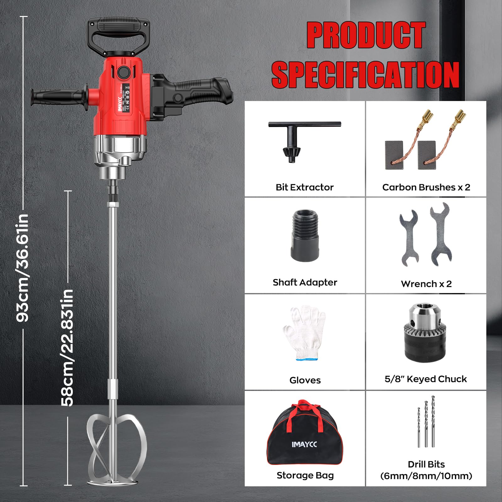 IMAYCC Juego de agitador de perforación 2 en 1, mezclador de hormigón portátil de 2500 W, 15 A, para taladrar y mezclar, velocidad variable, ideal para piensos, yeso, pintura, cemento (rojo-negro)