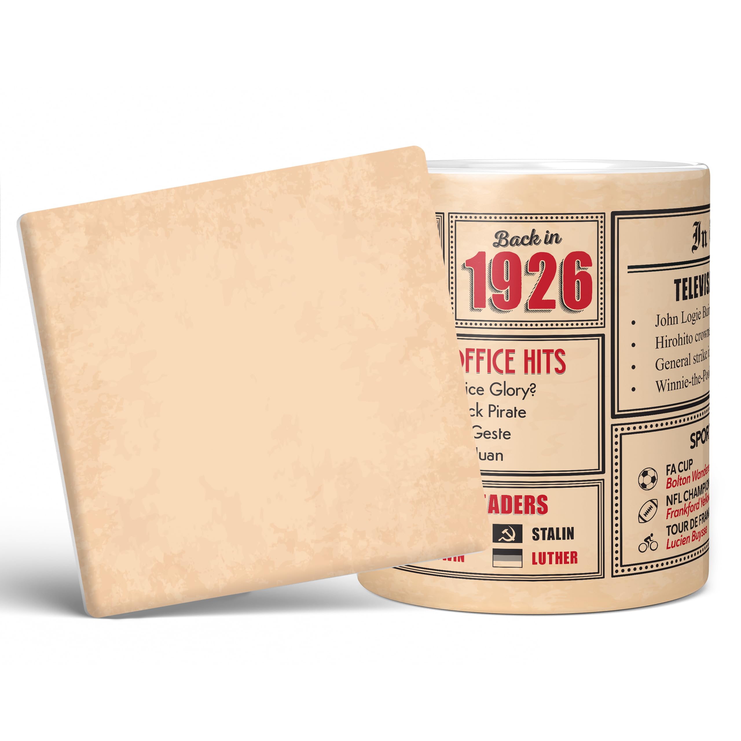 Mug Monster - 100th Birthday Gift - Back in 1926 in This Year Mug, Present for Men and Women, Birthday Gifts for Women, Birthday Gifts for Men, 100th Anniversary Present, 20oz White Mug & Coaster