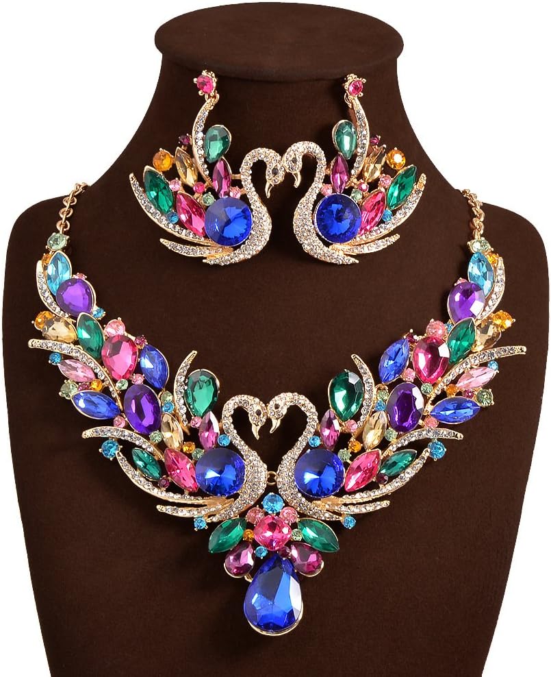 JewelryLove Crystal Double Swan Necklace Sets Choker Statement Necklaces and Earrings Chain Collier for Women (Multi)