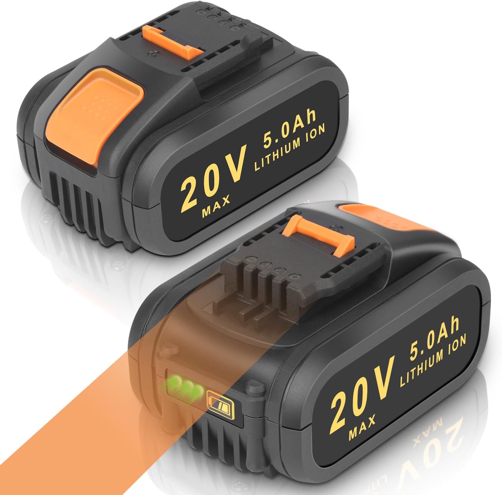 2 Pack 20V 5.0Ah Battery for Worx WA3551, KUNLUN Li-ion Replacement Battery for Worx Cordless Power Tools WA3551.1 WA3553 WA3553.2 WA3641 WA3572 WA3557 WX390 WX176 WX166.4 WX372.1 WG629E WA3760 WA3881