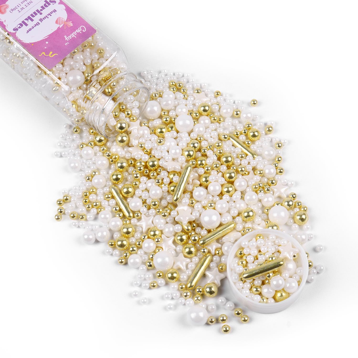 White Deluxe Gold Sprinkles for Cake Decorating 4.23ounce - Sugar Mix Contains Star & Pearl Sprinkles for Cupcake Toppers, Ice Cream, Candy, Cookie