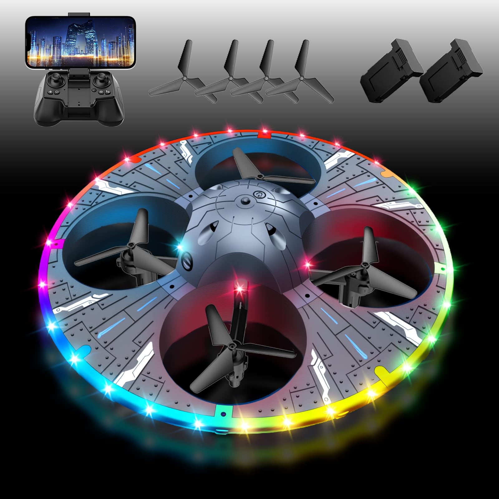 UFO Dron para Niños y Principiantes, Mini Dron con Cámara Niños y Luces LED Multicolor, Drones Infantil con Giro de 360° y Evitación de Obstáculos, Incluye Dos Baterías (Negro)