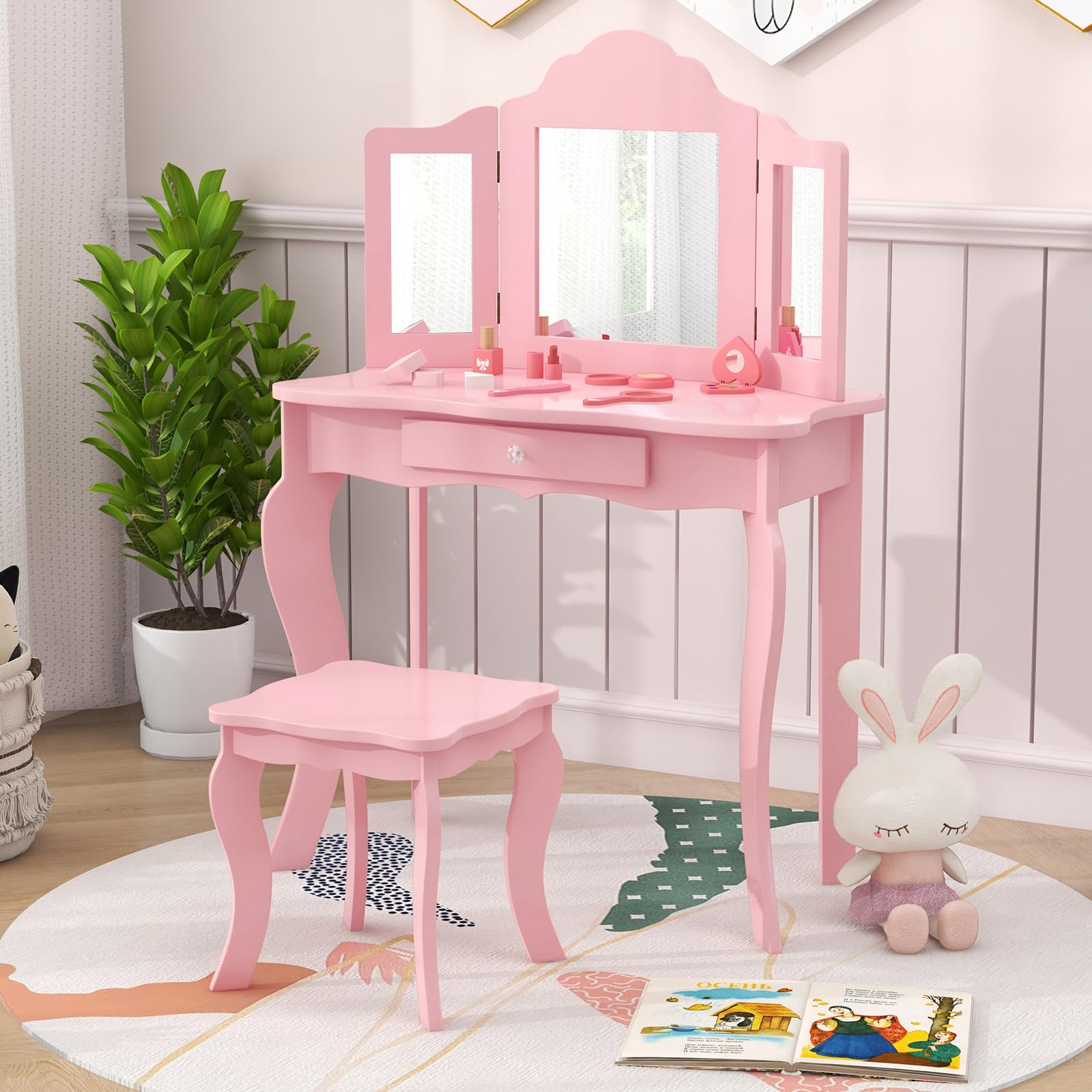 DREAMADE Schminktisch Kinder mit Hocker & Abnehmbarer Spiegel, Prinzessin Frisiertisch mit Schublade, Kinderschminktisch für Kinder Mädchen (Rosa-ohne Beleuchtung)