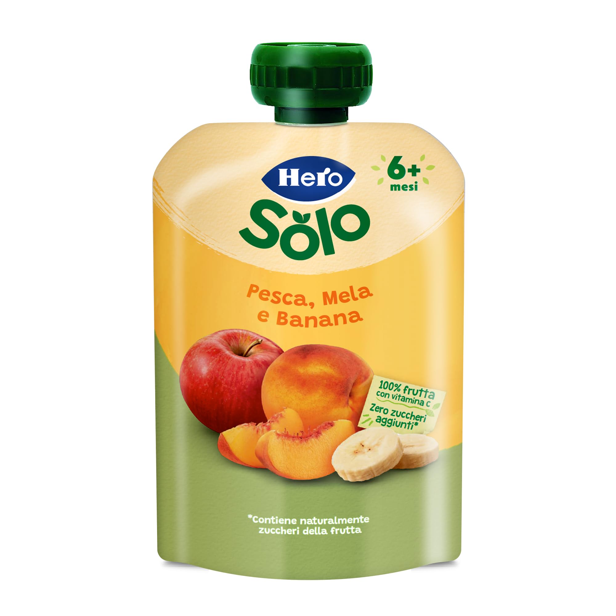 Hero Solo Pouch Frutta Pesca, Mela e Banana con Vitamina C – Senza zuccheri aggiunti, Senza glutine - Per bambini dai 6 mesi - 18 x 100 g