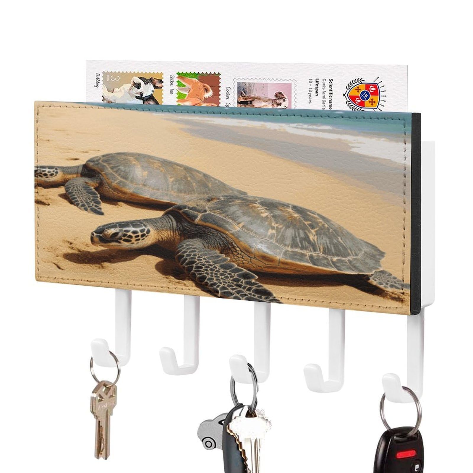 Fekiloot White-Style Turtles On The Beach Key Holder Wall Mount Key And Mail Holder Key Hanger With 5 Hooks Decorative Pu Key Rack Hanging Key Hooks For Wall Living Room Kitchen Bathroom Hallway