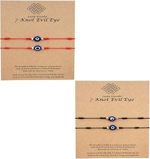 4Pcs Lucky 7 Knots Red String Evil Eye Bracelet Handmade Adjustable Rope Corded Braide Amulet Protection Bracelet for Women Men Boy Girl Good Luck Message Card Friendship Jewelry Gift