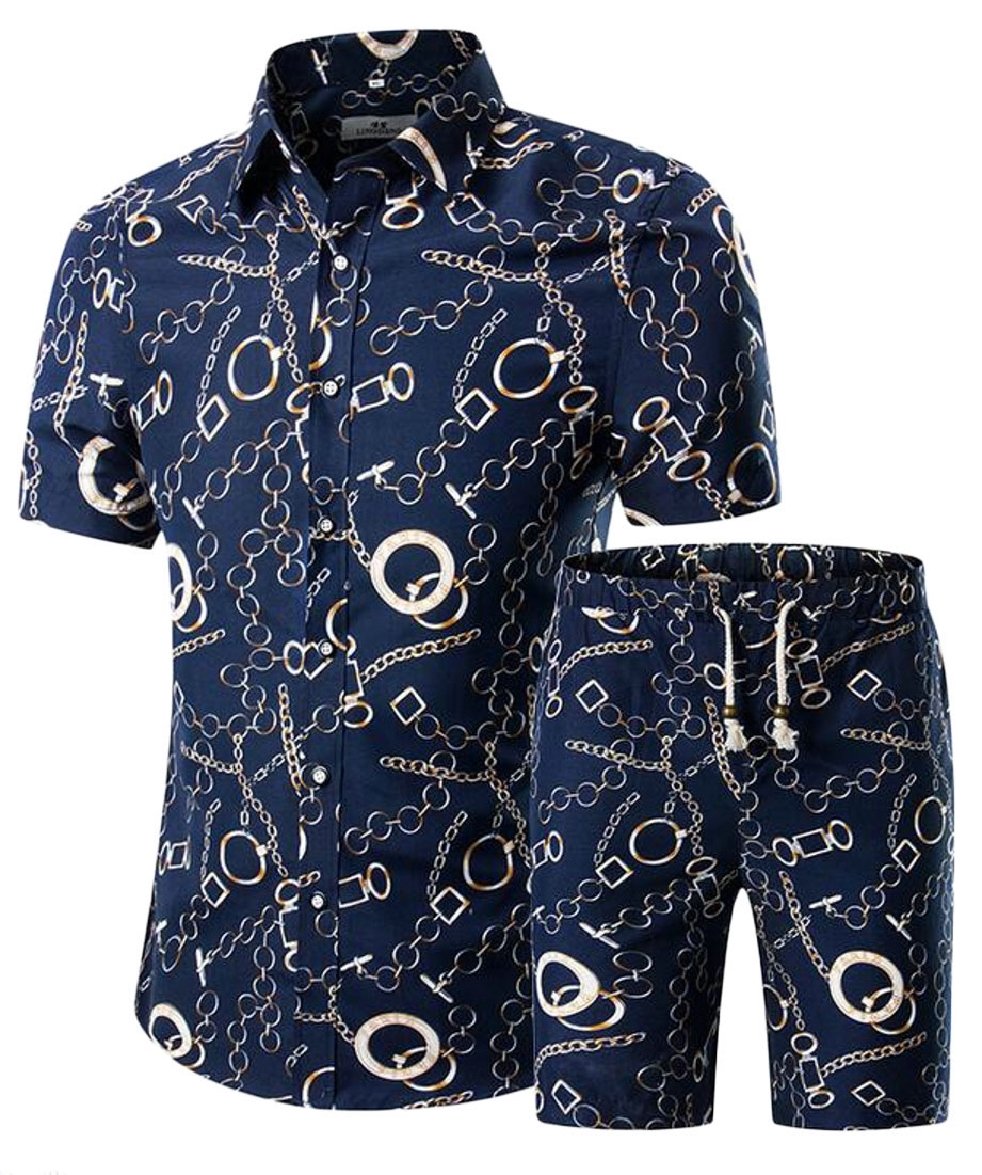 FLCH+YIGE Men's 2-Piece Outfits Short Sleeves Printing Dress Shirt +Shorts Set 5 L