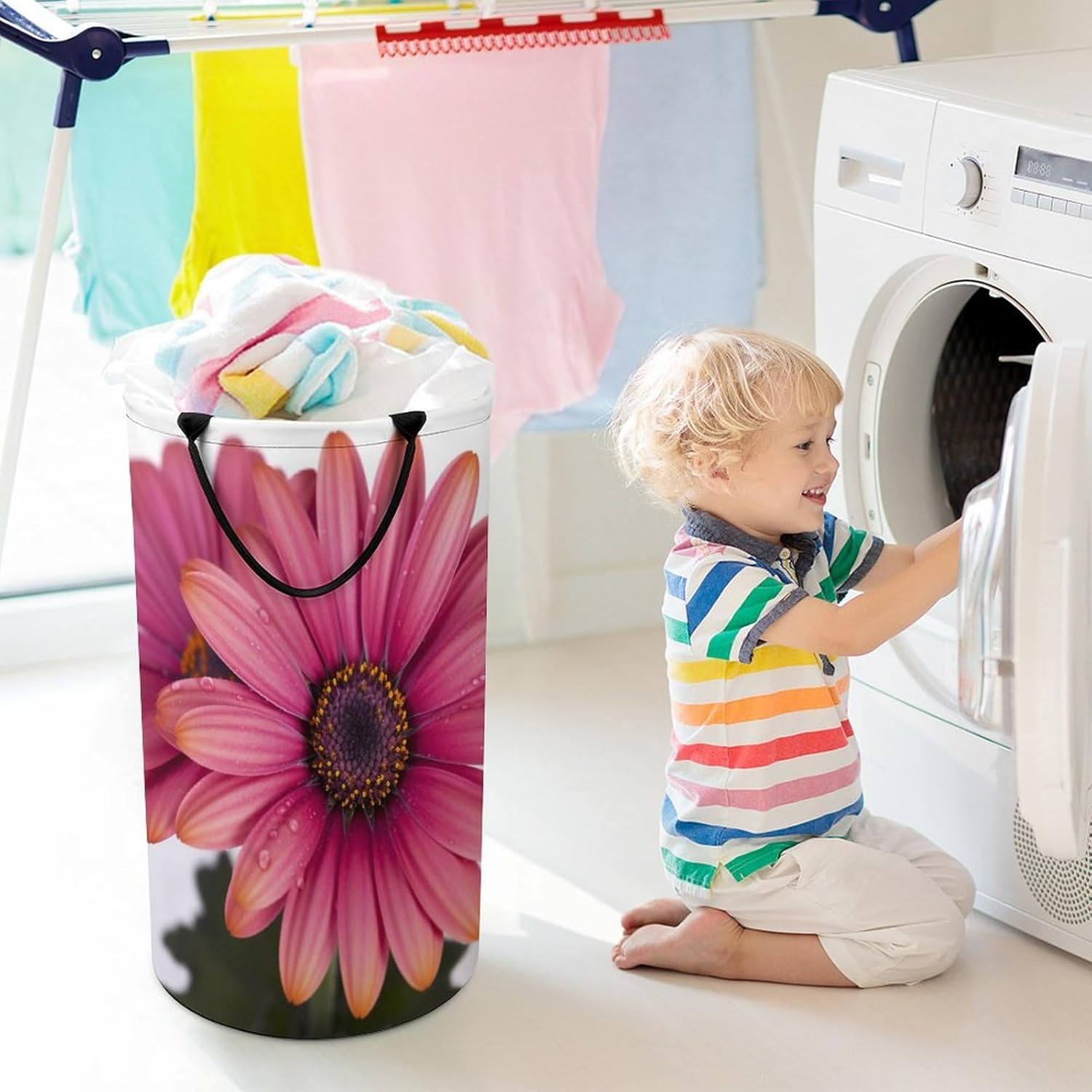 Daisy Flower Laundry Basket Freestanding Laundry Hamper with Handles Waterproof Dirty Clothes Hamper Collapsible Washing Bin Aesthetic Clothes Basket for Bathroom Bedroom Dorm