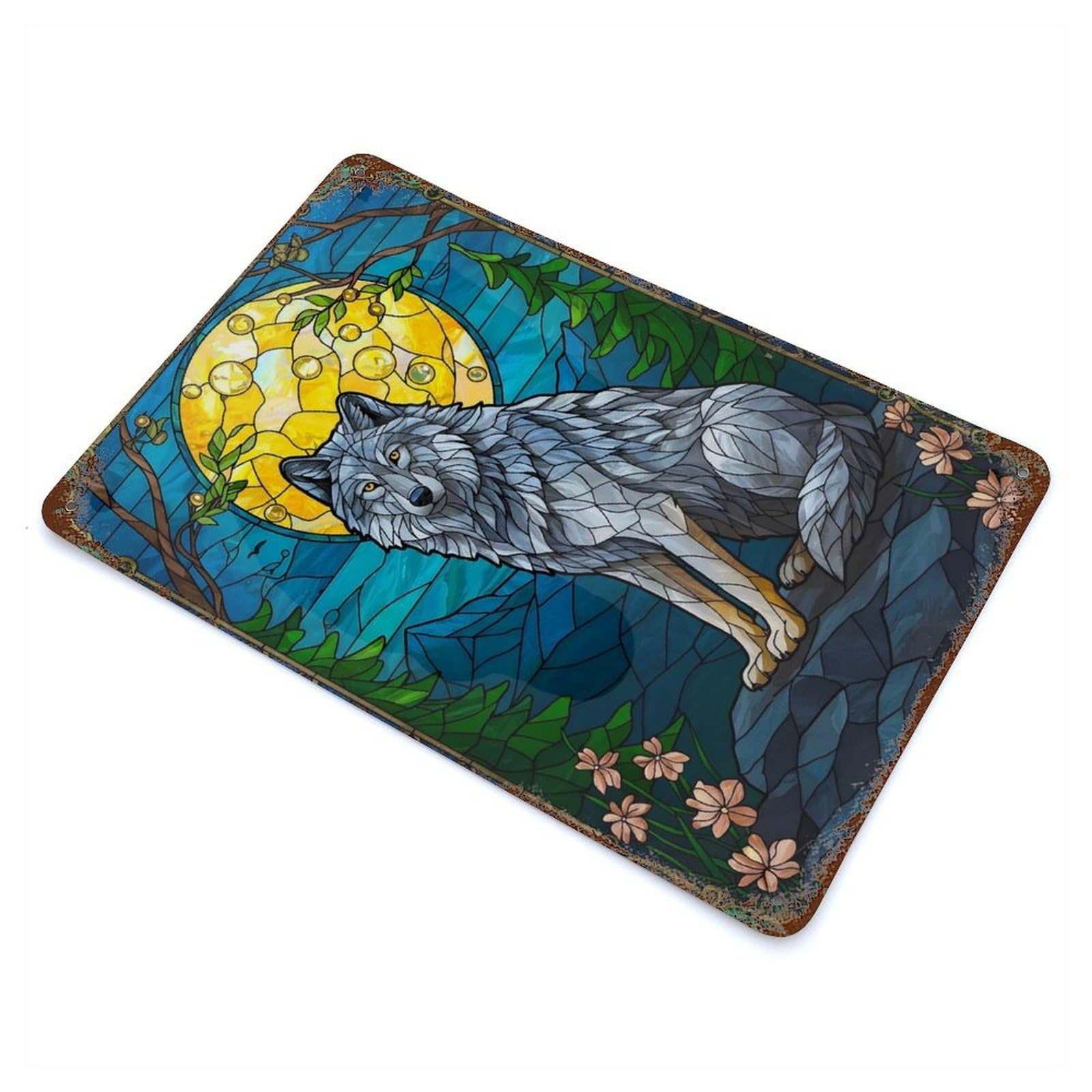 Stained Glass Wolf Under Moonlight Vintage Rust Metal Sign 11.8"x7.9", for Basement, Hobby Room And Garage Decor, Farmhouse Wall Decor