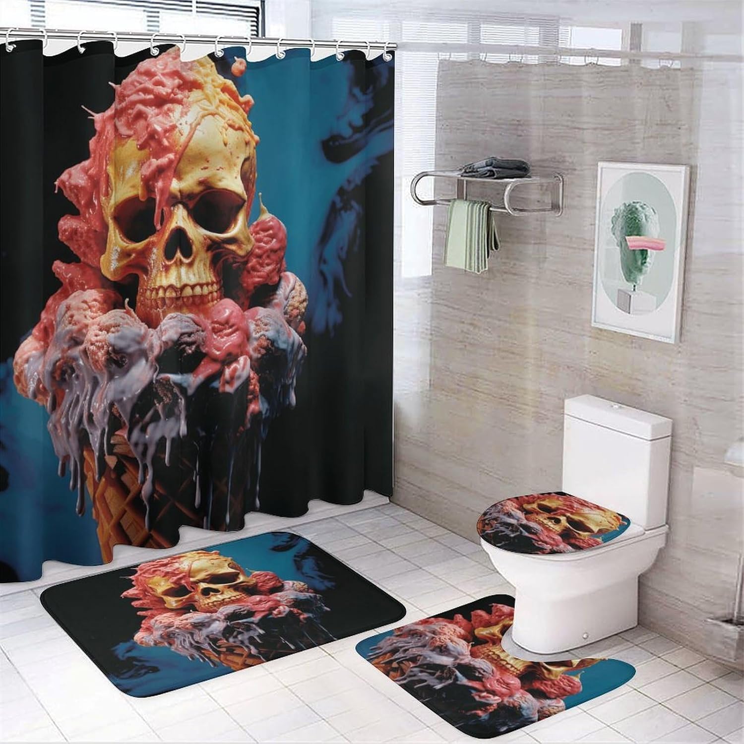 Egg Rolls and Skulls 4Pcs Shower Curtain Set with Non-Slip Rugs, Toilet Lid Cover and Bath Mat,Bathroom Set Decor Accessories,Curtain Set with 12 Hooks, 72 X 72 Inch