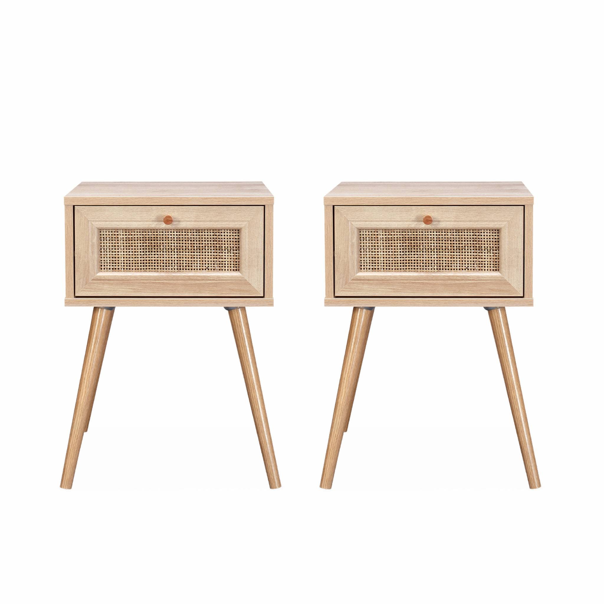 Alice's Home - Lot de 2 Tables de Chevet décor Bois & cannage avec 1 tiroir - Bohème