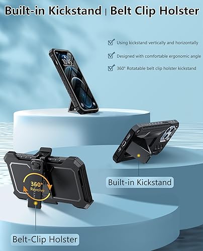 Miniatura 4 de FNTCASE Funda para iPhone 12-Pro-Max con protector de pantalla integrado, soporte y funda con clip para cinturón, funda protectora militar
