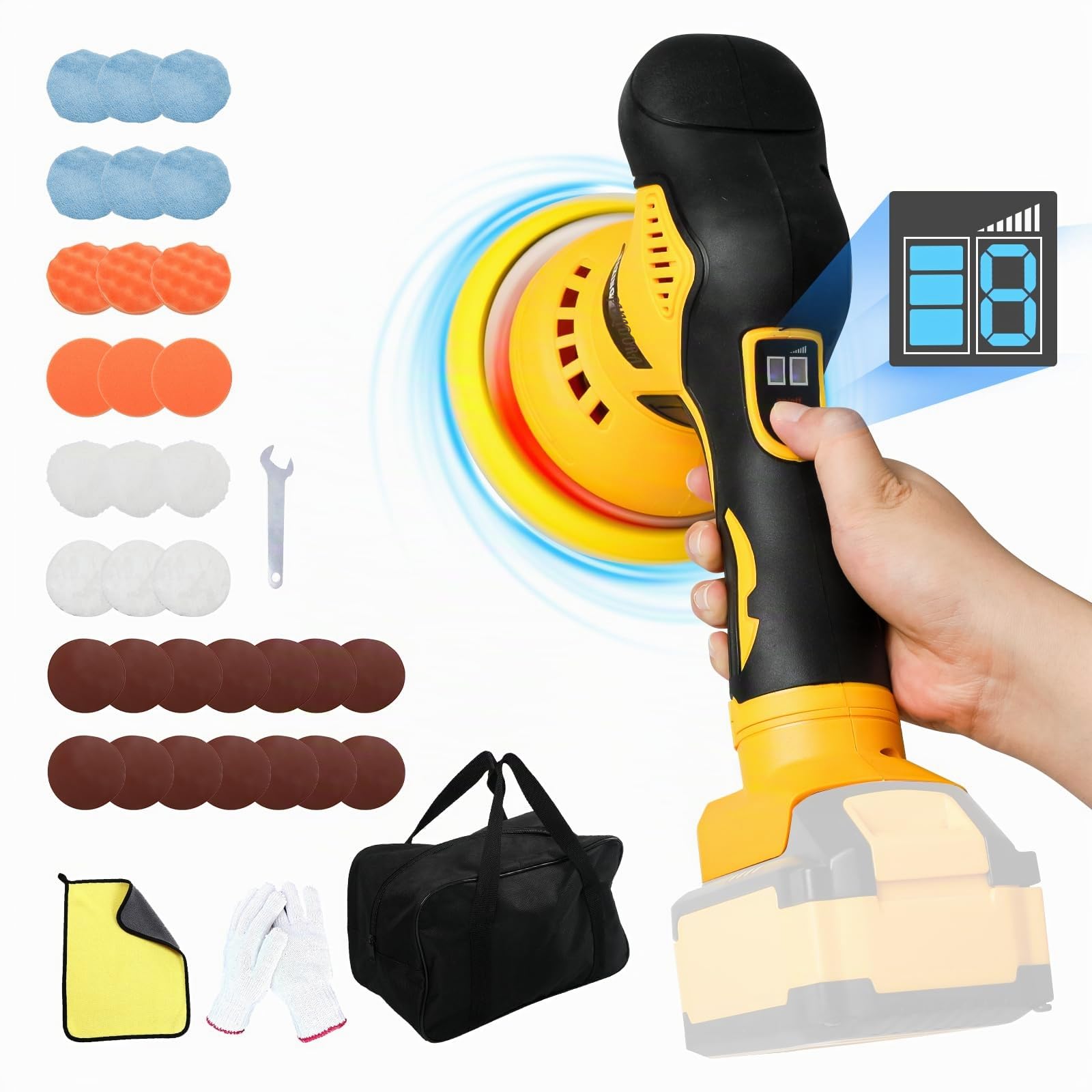Pulidora de almohadilla inalámbrica para coche compatible con batería DEWALT 20V, 8 velocidades variables, pulidora orbital de 6 pulgadas, para detalle de cera, pulido (amarillo)