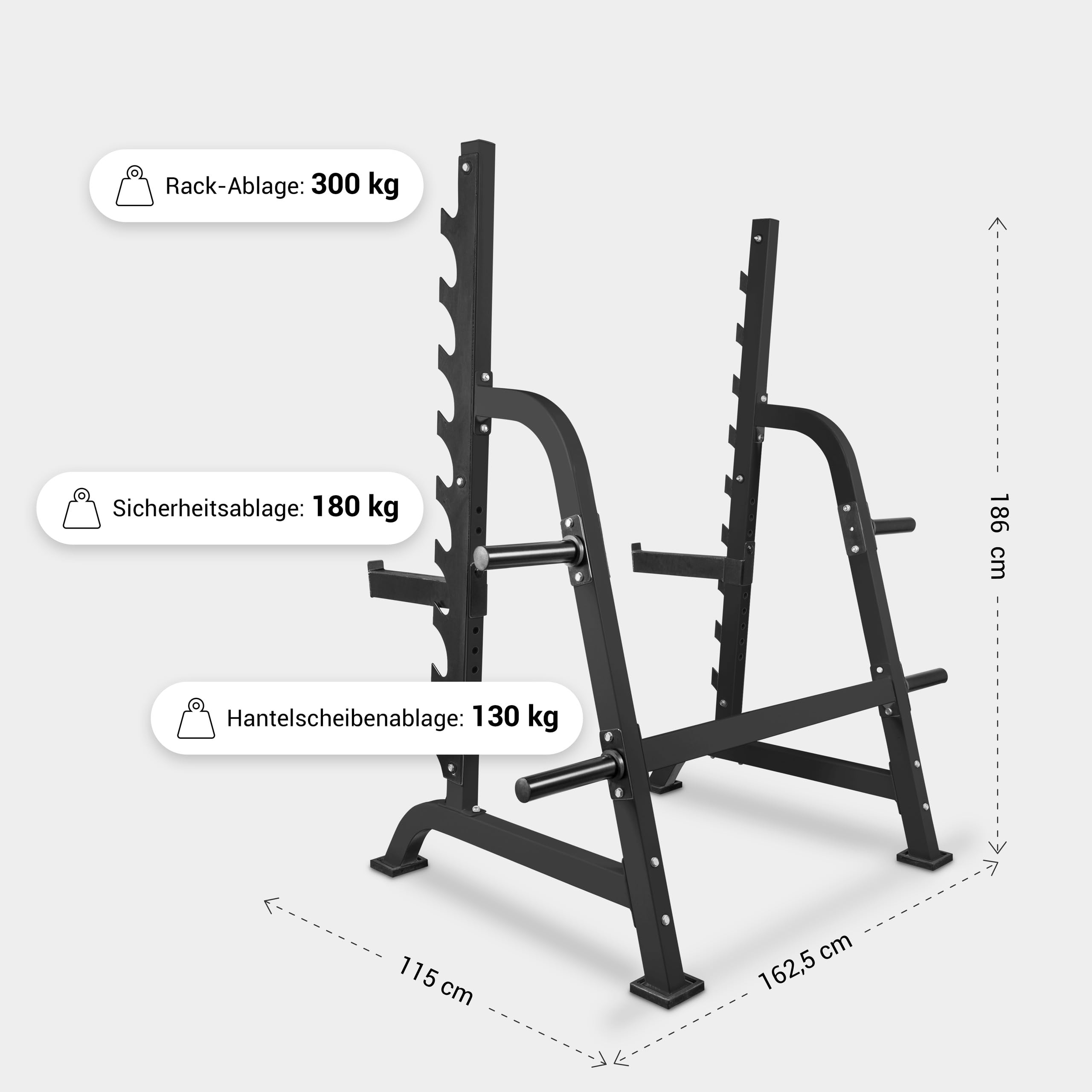 GORILLA SPORTS® Squat Rack mit 9 Ablagen und Scheibenständer, bis 300 kg | Mit 4 Aufnahmen für 50/51-mm-Scheiben und 40-cm-Sicherheitsablagen; Kniebeugenständer, Langhantelablage, Hantelständer