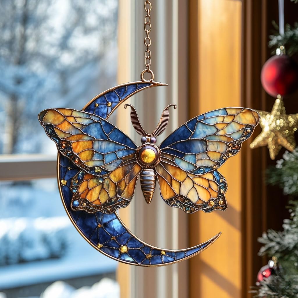 Vivid Tiffany Butterfly Moon Art Acrylic Suncatcher Stained Glass Effect Window Car Hanging Christmas Ornament Indoor Outdoor Decor Garden Sun Catcher Panel for Boho Lover for Women Mom Grandma