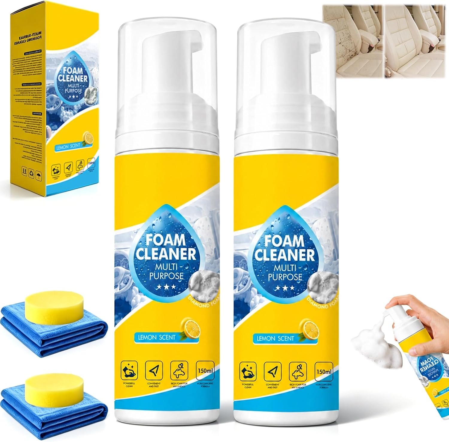 2PCS 4-in-1 Multi-Enzyme Foam Cleaner, Multi Purpose Car Interior Foam Cleaner Spray, Deep Cleaning Spray for Car Interior, Kitchen Grease, Bathroom Tiles, Sofa Upholstery (2*Sponge+Towel)