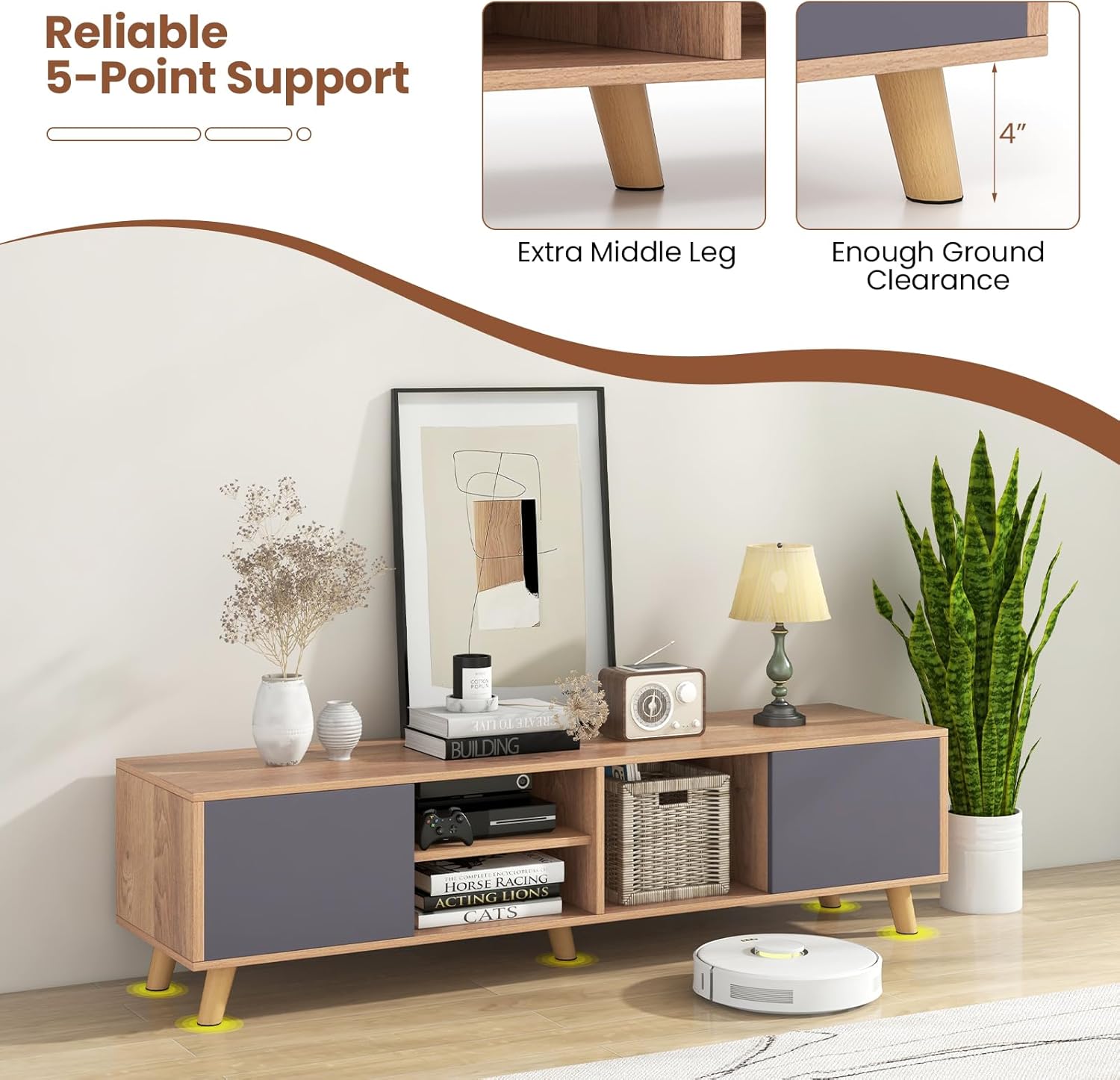 Tangkula TV Stand for TVs up to 65 Inch, Media Entertainment Center with 2 Doors, Open Shelves, TV Console Table with 3 Cable Management Holes, TV Cabinet for Living Room (Natural + Gray, for 65" TV)