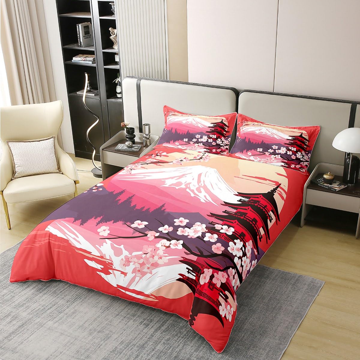 Homewish Housse de Couette 200x200 cm Coton Biologique Motif Sakura
