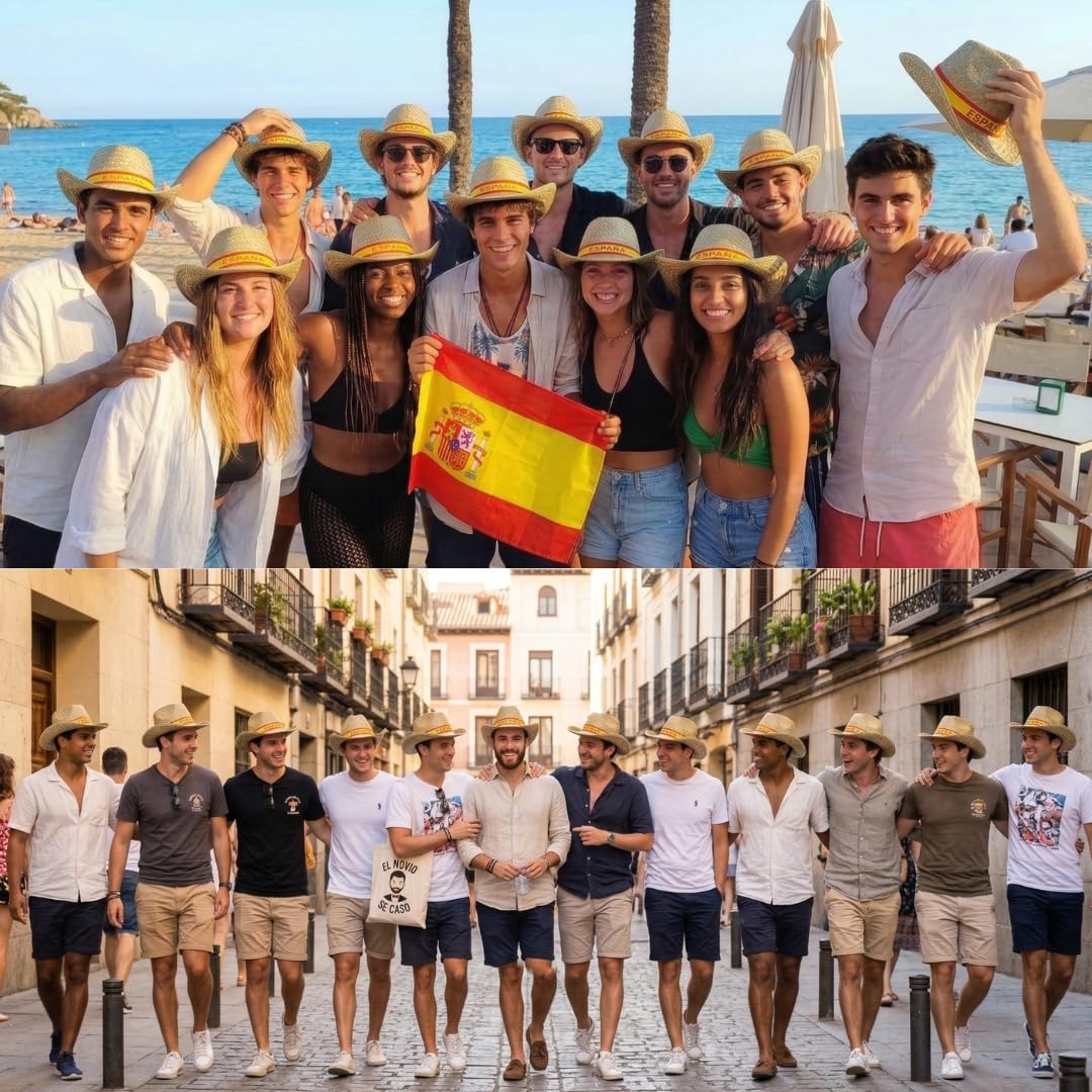 Pack Cappelli di paglia con nastro bandiera Spagna per gruppi: addii, penne, fiere, eventi patriani, capeas o viaggi estivi | Accessorio ideale per gruppi e feste