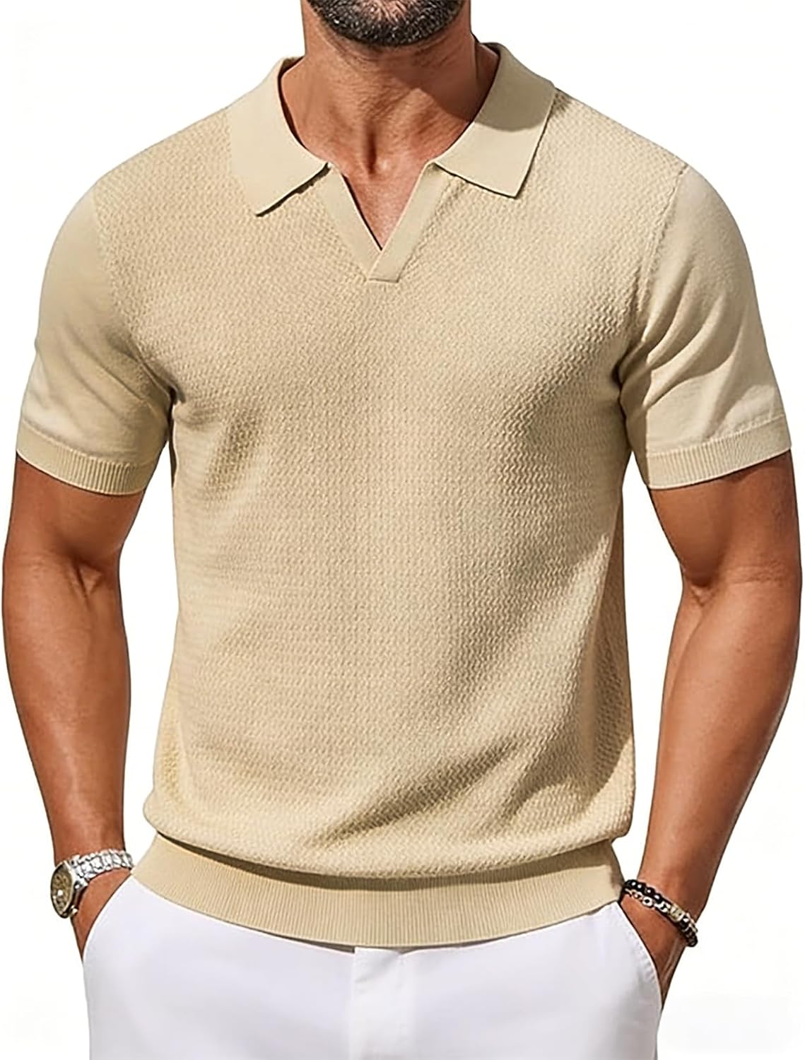 Mens Short Sleeve Knit Polo Shirts Textured V Neck Casual Golf Shirt Summer Pullover Collared Sweater