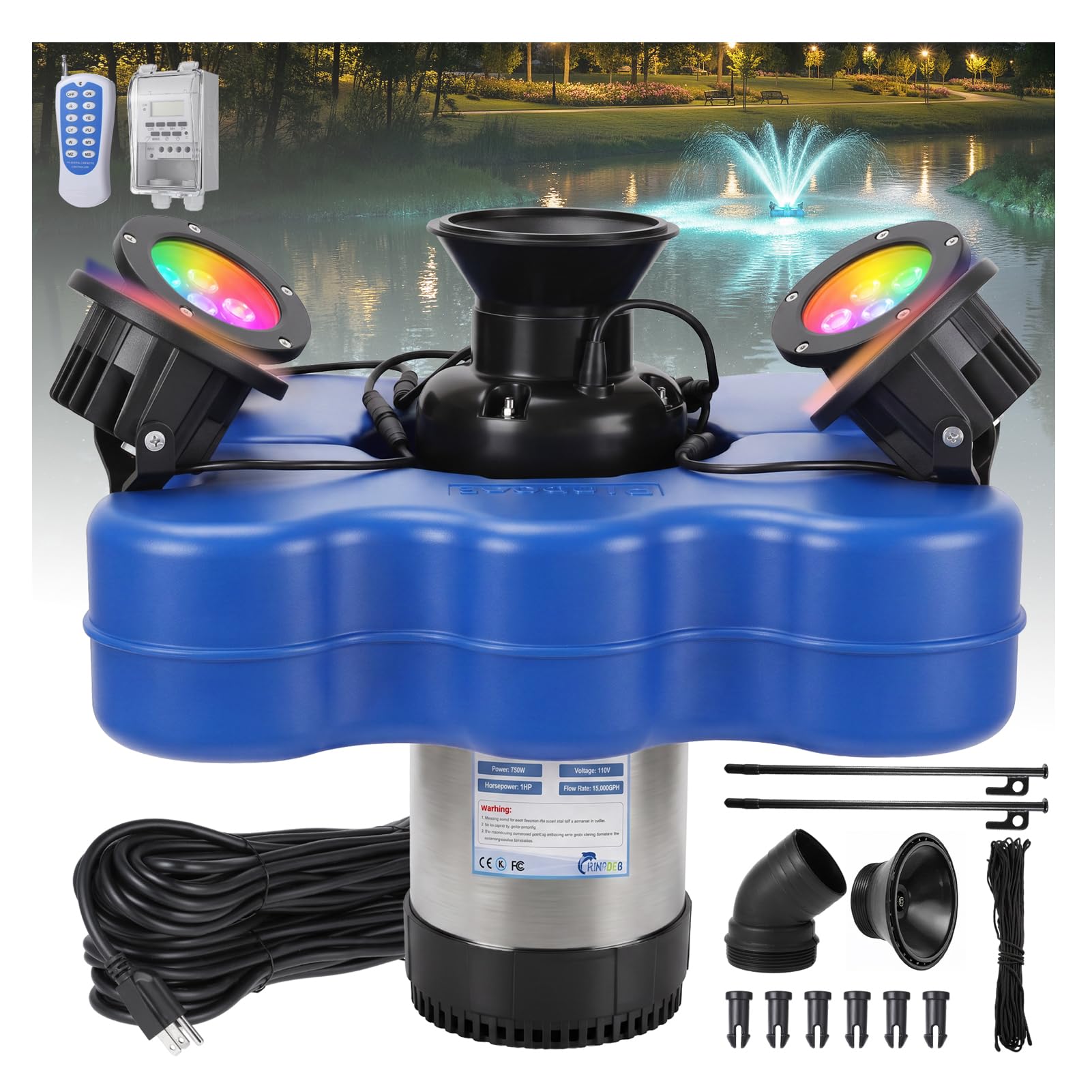 Pond Fountain Aerator with RGB 4 Lights, Large Floating Fountain for Pond