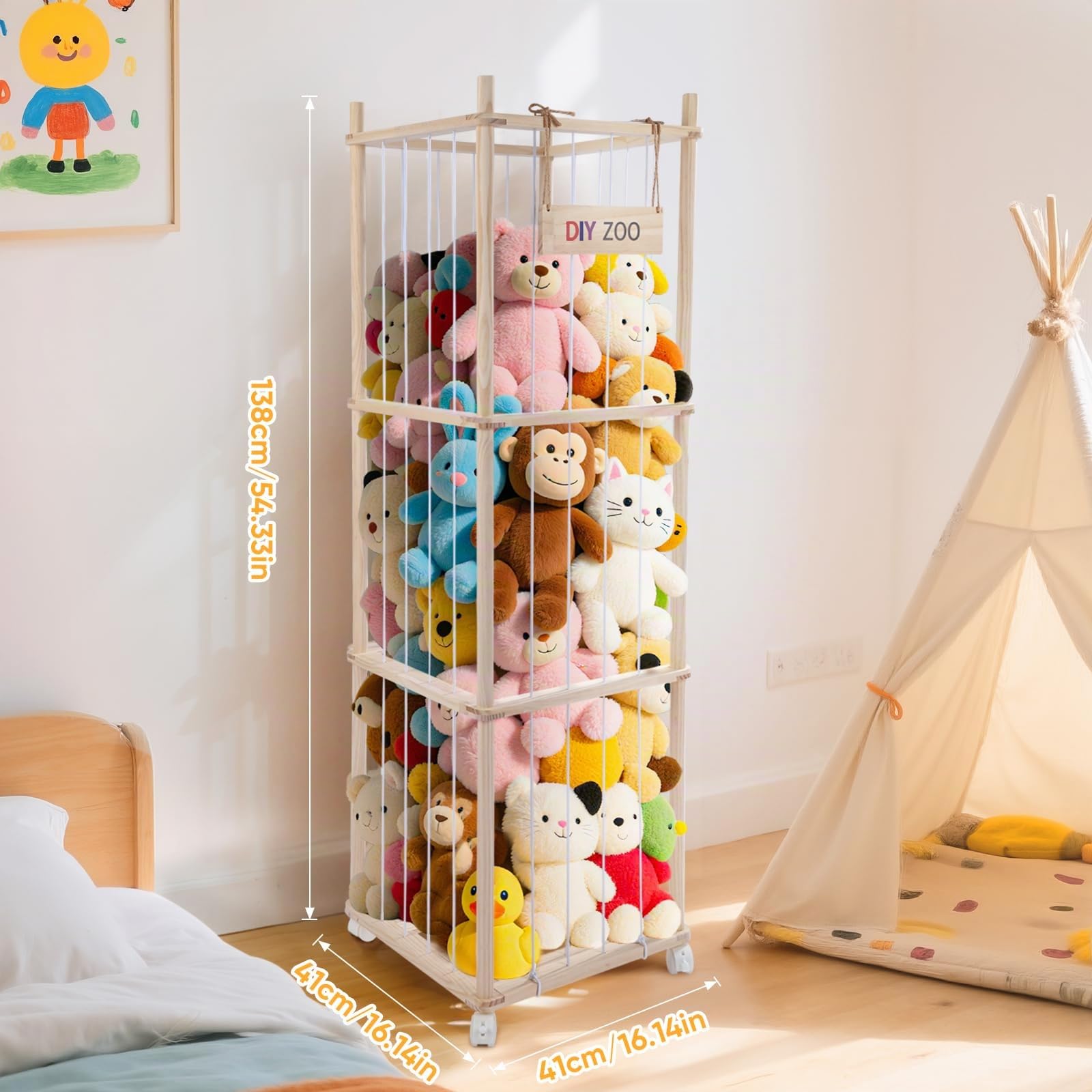 Conteneur pour animaux en peluche, 138 x 41 x 41 cm pour jouets souples en bois massif avec roues pivotantes verrouillables à 360 °, boîte pour jouets en peluche pour chambres, séjour