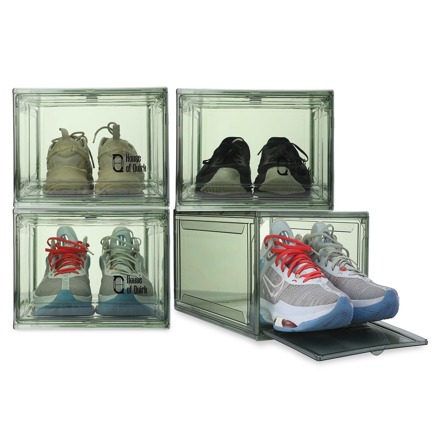 House of Quirk Shoe Organizer, Shoe Storage Boxes, Large Shoe Boxes with Magnetic Door, Clear Stackable Plastic Shoe Containers (Pack of 4, Green)-image-3