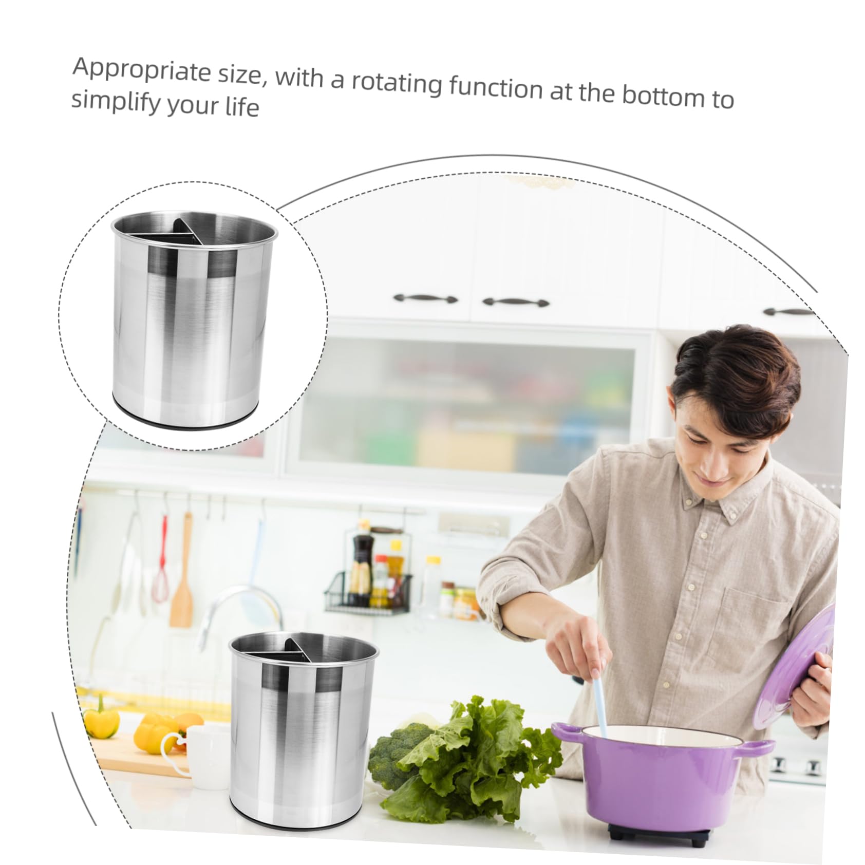 Angoily Porte-ustensiles Cuisine Rotatif Acier Inoxydable Seau à Couverts Multi-compartiments pour Rangement Pratique