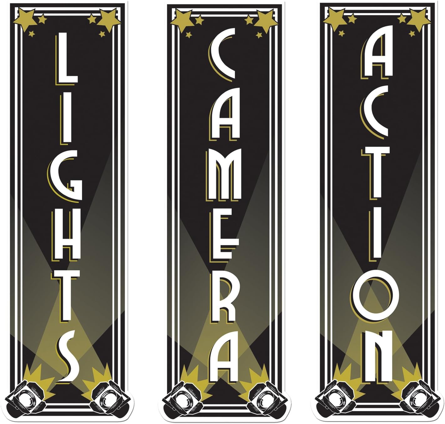 Lights Camera Action Cutouts – 3-Pack Double-Sided Hollywood Party Decorations – Vertical Theater Signs for Movie Night Awards Show or Film Theme Events – 19¼"
