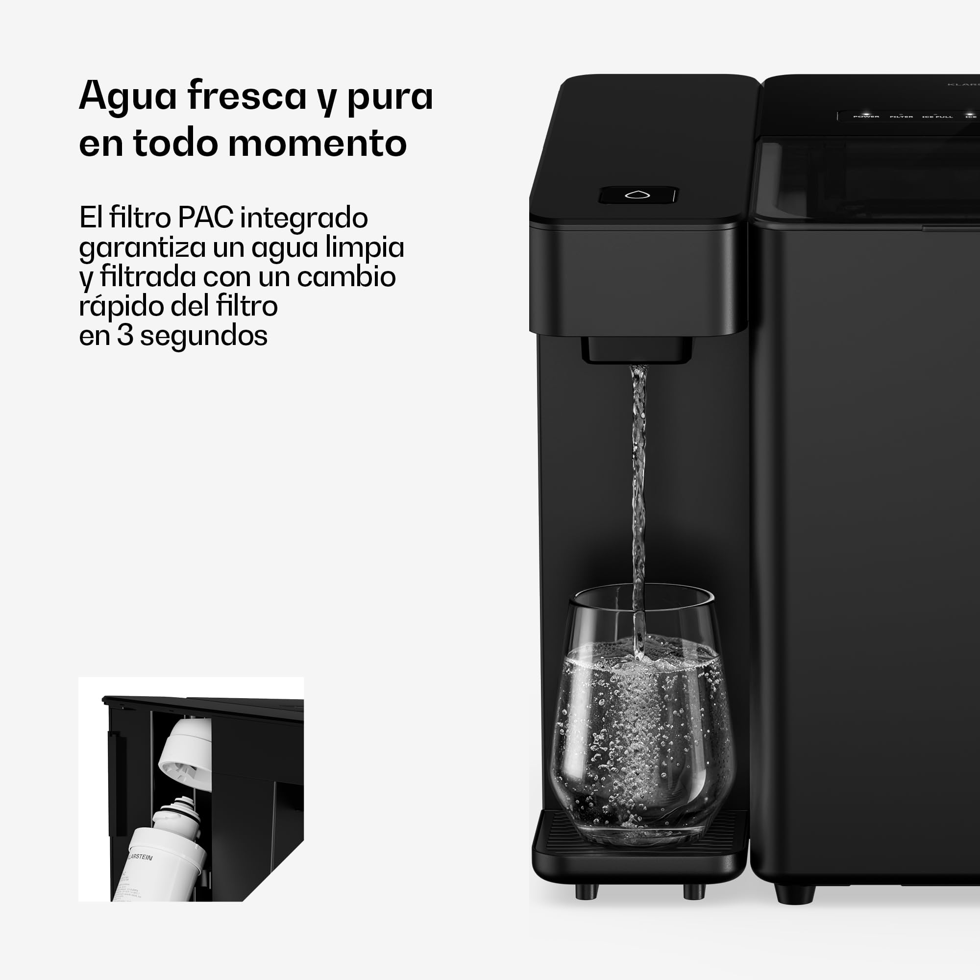 KLARSTEIN Velaire Maquina de Hielo & Dispensador de Agua - Filtro Pac, 2 Tamaños de Cubitos, 2L, 10kg/24h, Panel Táctil, Alarma, Fácil Uso, Maquina de Hacer Hielo para Casa