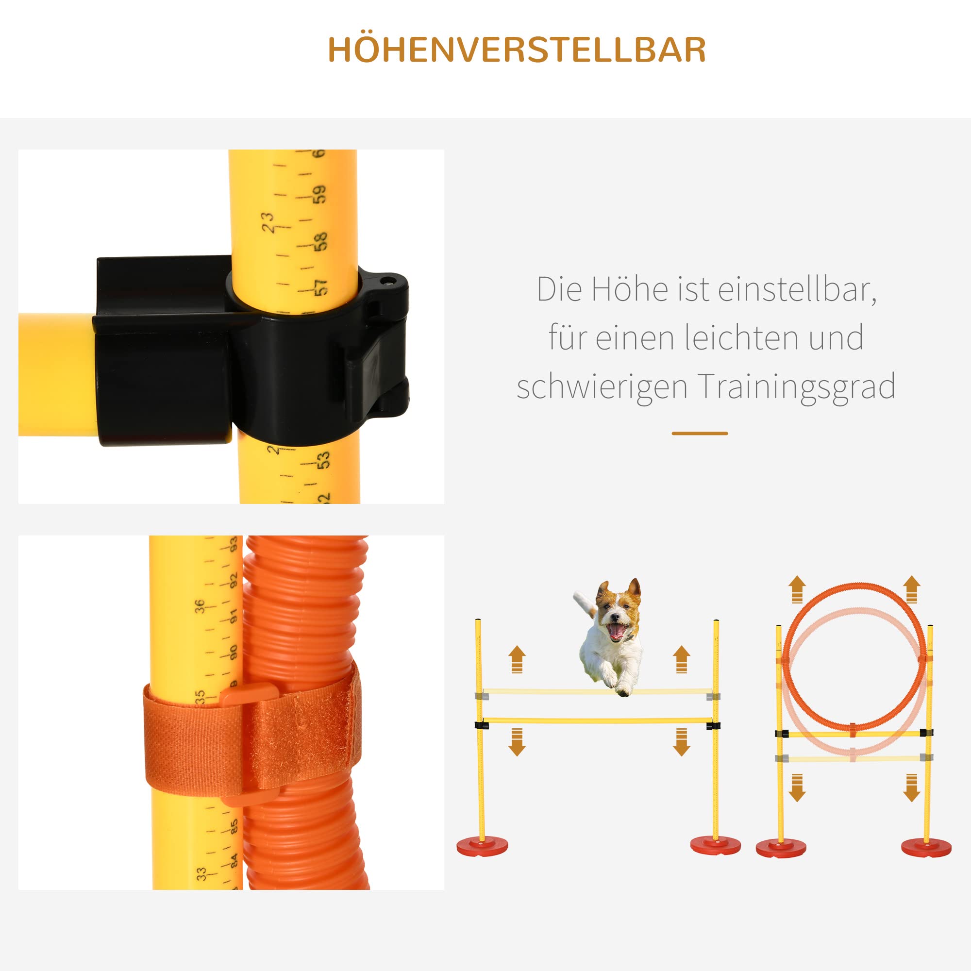 PawHut Agility Set Hunde 3-Teiliges Agility-Ausrüstung für Hundetraining | Steckhürdenset, 6 Slalomstangen, Höhenverstellbare Hürden, Sprungreifen, Tragetasche, Spiele, Training