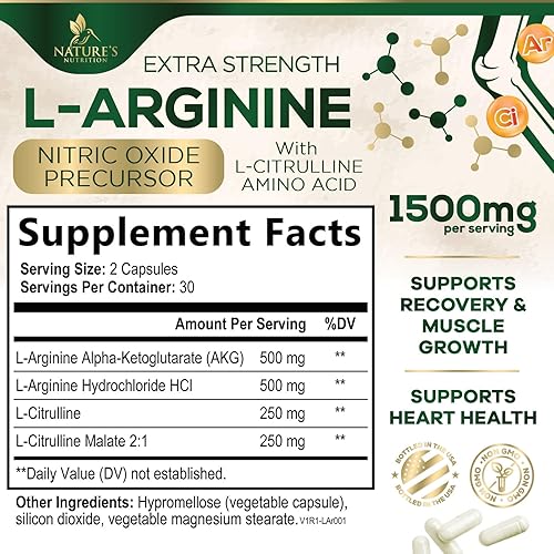 Miniatura 2 de Suplemento de L-arginina de 1000 mg  Apoyo a la salud del corazón  Refuerzo de precursor de óxido nítrico de alta calidad para fuerza extra  Sin
