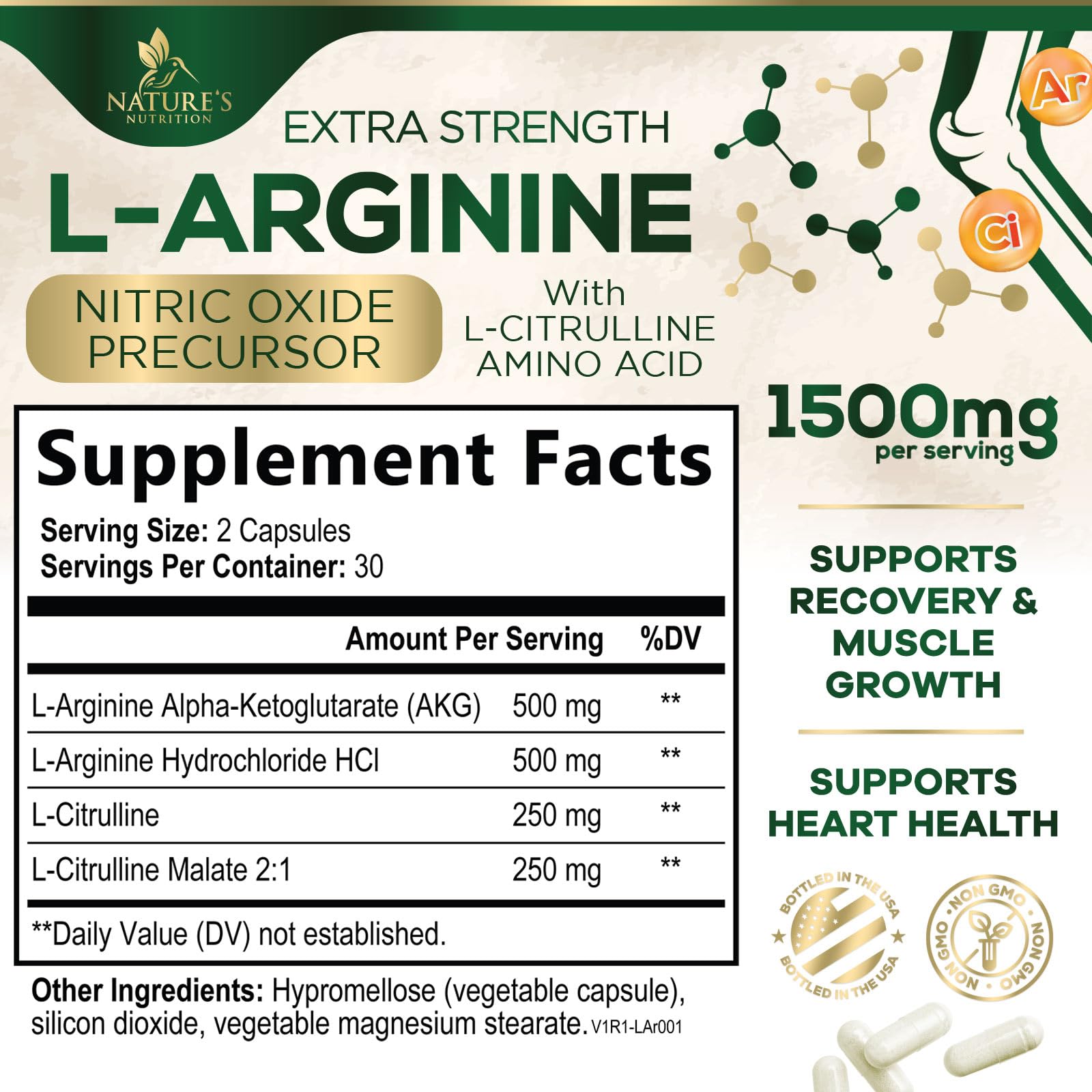 L-Arginine Extra Strength Supplement with L-Citrulline - Muscle Supporting Natural Nitric Oxide Precursor Booster - Heart Health Support - Amino Acid Energy Blend for Men, USA Bottled - 60 Capsules — Amazon image 2