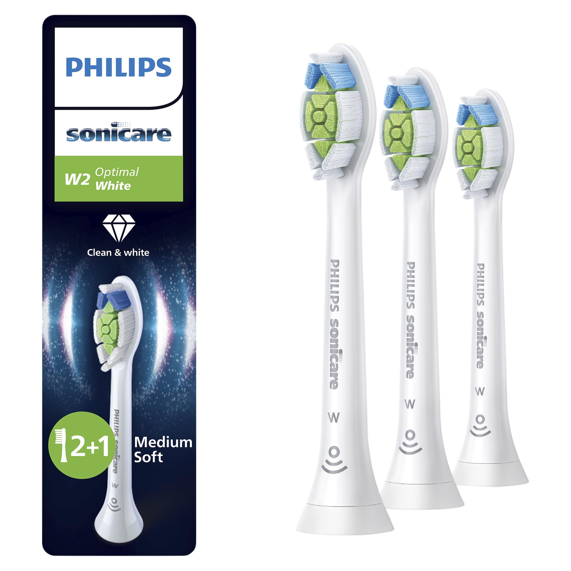 Philips Sonicare W2 Optimal White, Genuine Replacement Toothbrush Heads, White, 2+1 Pack, HX6063/87