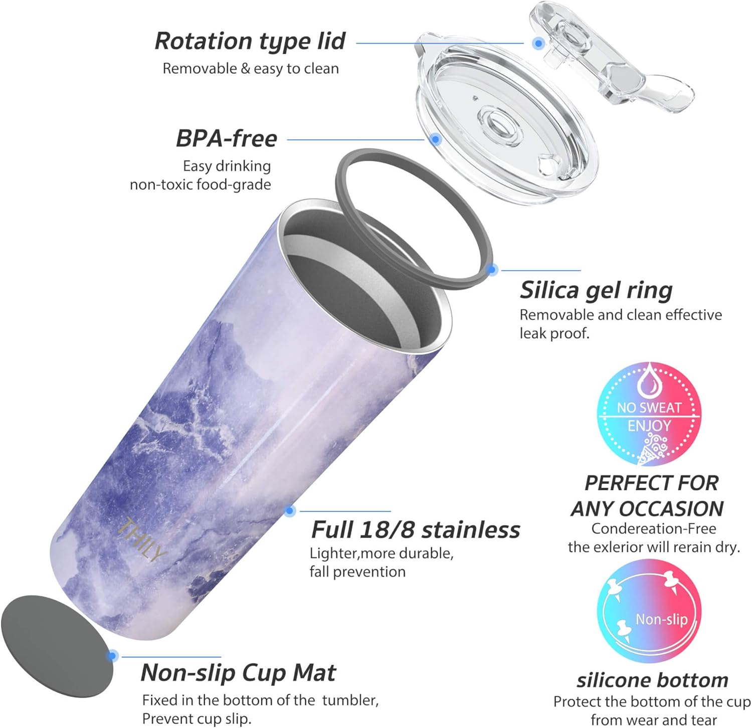 THILY Stainless Steel Vacuum Insulated Tumbler Travel Mug 26 oz Coffee Cup with 2 Lids and Straws, Splash Proof, Keep Ice Drinks Cold, Blue Marble - Image 4